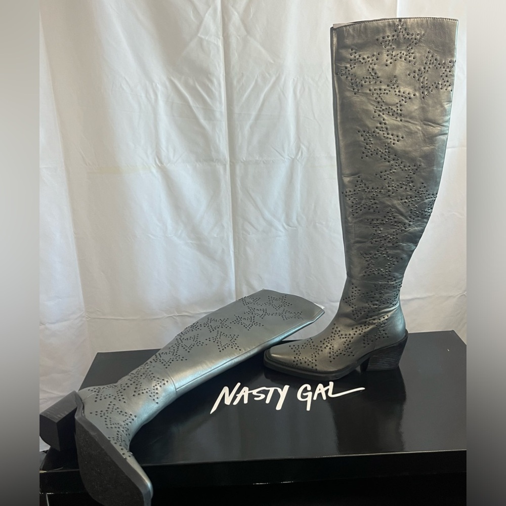 NASTY GAL, Genuine Leather, Gun Metal, Star studded Over the knee high Boots - Picture 13 of 14